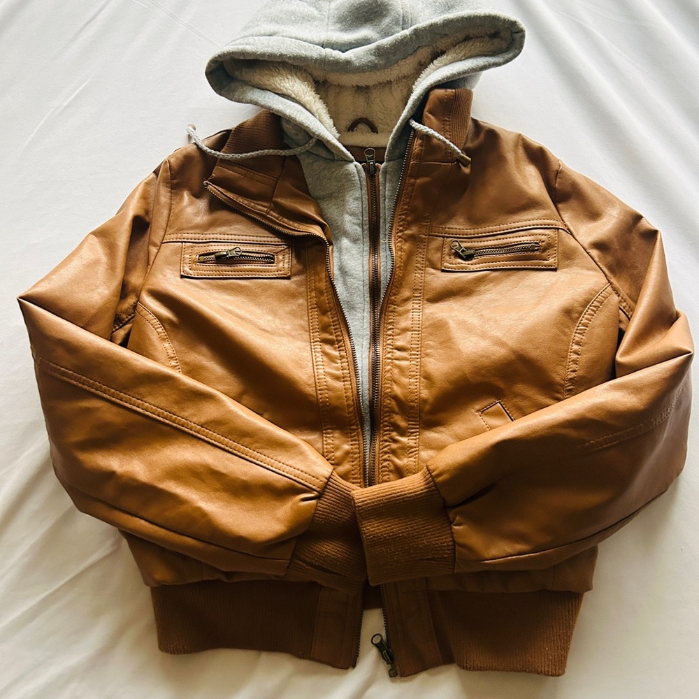 Brown Leather hoodie jacket with fur lining